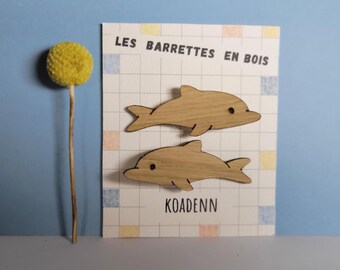 Pair of wooden dolphin hair clips - Girl's hair accessory - Crocodile clip - Children's gift idea - Handmade in Brittany
