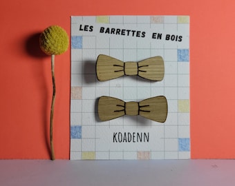 Pair of wooden bow barrettes - Girl's hair accessory - Alligator clip - Children's gift idea - Handmade in Brittany