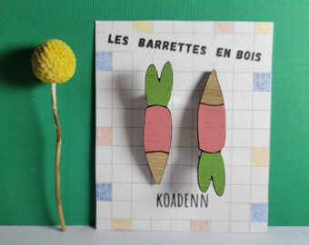 Pair of wooden radish hair clips - Girl's hair accessory - Children's gift idea - Handmade in Brittany