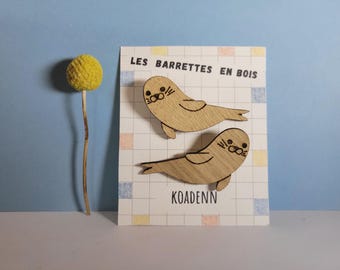 Pair of wooden seal hair clips - Girl's hair accessory - Crocodile clip - Children's gift idea - Handmade in Brittany