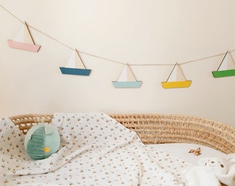 Wooden garland, small boats, decoration for children's room, birth gift, sea decoration