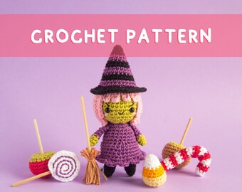 Lemon Yarn Creations | CROCHET PATTERN Candy Witch | Amigurumi doll, Whimsical, Fairytale, Playset, Candy corn, Lollipop, Storytime, Diy