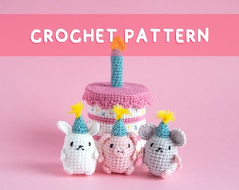 Créations de fils de citron | MODÈLE AU CROCHET Anniversaire Surprise | Set Amigurumi, Gâteau, Fête, Funfetti, Boîte, Cochon, Souris, Lapin, DIY