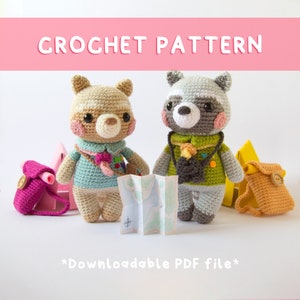 May include: Crochet pattern for two amigurumi animals, a raccoon and a bear, wearing scout uniforms and holding a map. The pattern is downloadable as a PDF file.