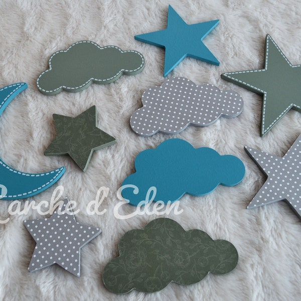 Stickers étoiles et nuages, stickers bois, décoration enfant (sur commande)