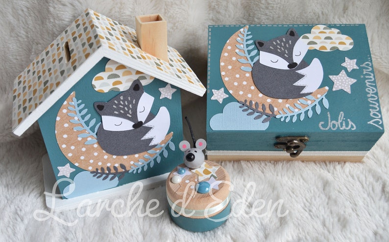 Birth box, treasure box, wooden piggy bank, child piggy bank, child decoration, birth gift on order Renard bleu gris