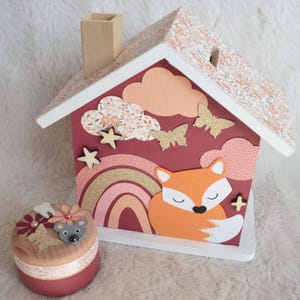 Fox and rainbow piggy bank for children in wood, personalized birth gift (made to order)