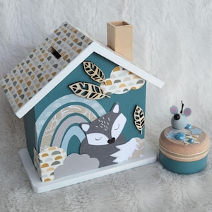 Wooden piggy bank, children's piggy bank, fox decoration, rainbow, birth gift (on order)