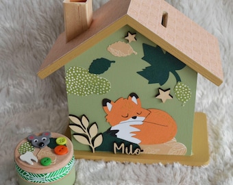 Wooden fox and autumn foliage piggy bank for children, personalized baby gift (made to order)