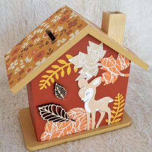 Wooden fawn and autumn leaf piggy bank for children, personalized baby gift (made to order) image 7