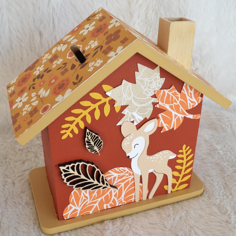 Wooden fawn and autumn leaf piggy bank for children, personalized baby gift (made to order) image 7