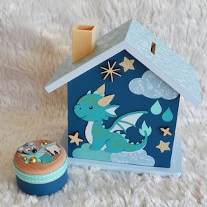 Tirelire Dragon et ciel étoilé pour enfant en bois, cadeau naissance personnalisé (sur commande)
