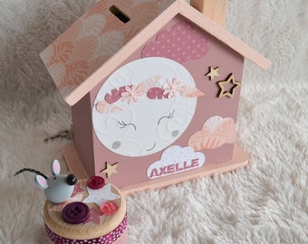 Wooden piggy bank, children's piggy bank, moon decoration, birth gift (to order)