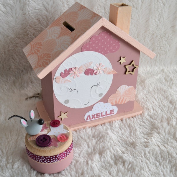 Wooden piggy bank, children's piggy bank, moon decoration, birth gift (to order)