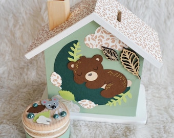 Wooden Sleeping Bear Money Box for Children, available in stock