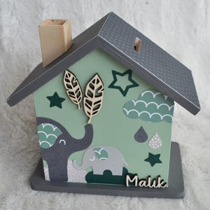 Elephant piggy bank for children in wood, personalized birth gift (on order)