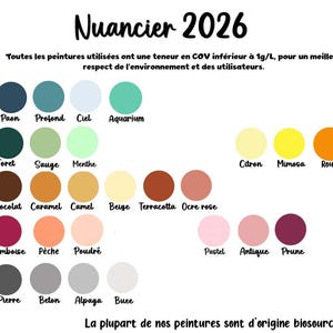 May include: A color chart titled Nuancier 2026 displaying various paint shades organized by color family. The chart includes text regarding VOC content below 1g/L and bio-sourced origins. Each circular color swatch is labeled with its French name.