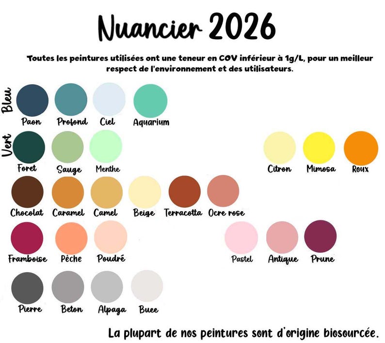 May include: A color chart titled Nuancier 2026 displaying various paint shades organized by color family. The chart includes text regarding VOC content below 1g/L and bio-sourced origins. Each circular color swatch is labeled with its French name.