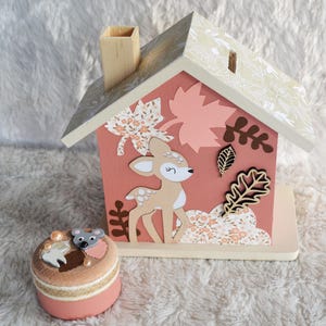 Wooden fawn and autumn leaf piggy bank for children, personalized baby gift (made to order) Faon ocre rose