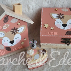 Birth box, treasure box, wooden piggy bank, child piggy bank, child decoration, birth gift on order Biche ocre