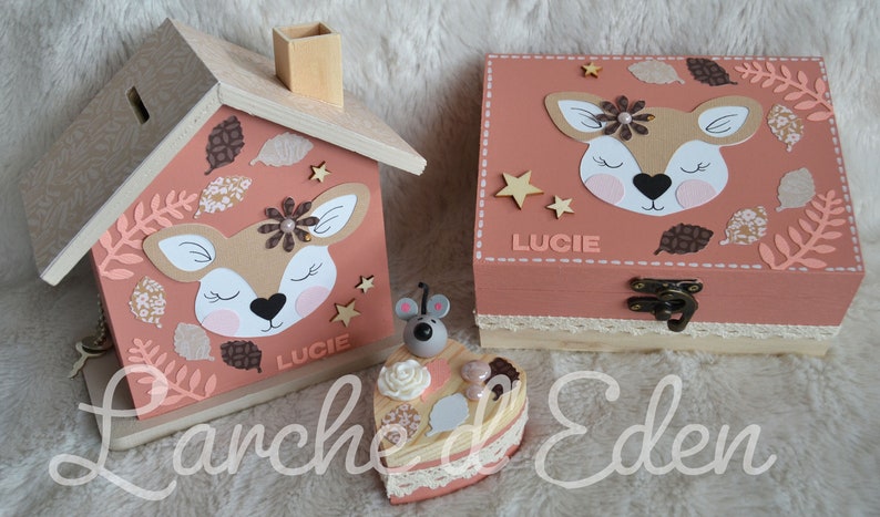 Birth box, treasure box, wooden piggy bank, child piggy bank, child decoration, birth gift on order Biche ocre