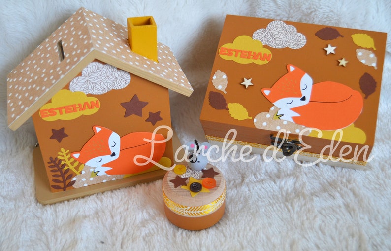 Birth box, treasure box, wooden piggy bank, child piggy bank, child decoration, birth gift on order Renard caramel