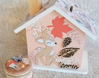 Tirelire Faon et feuille d automne pour enfant en bois, cadeau naissance personnalisé (sur commande)