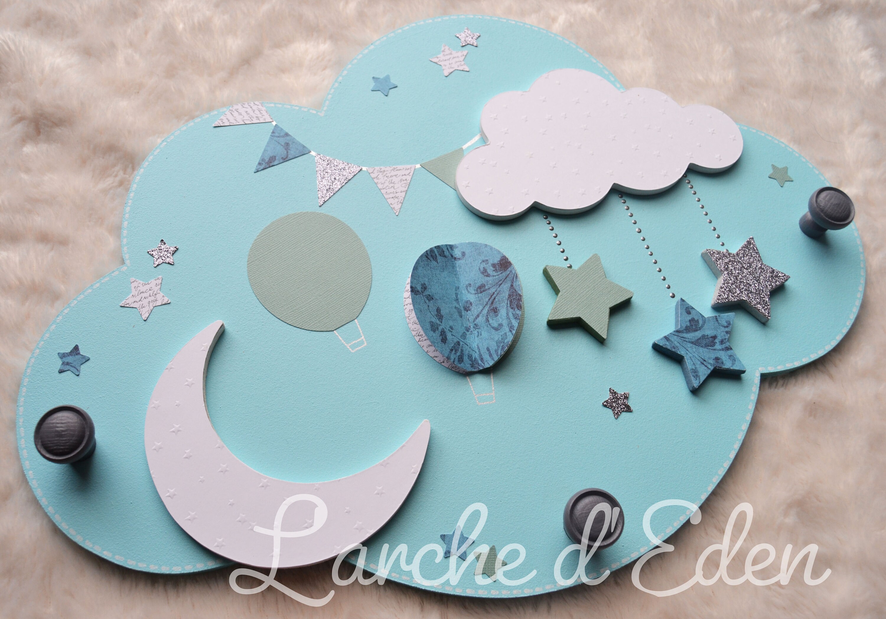 Porte Habits Enfant, Décoration Bois, Nuage, Cadeau Naissance