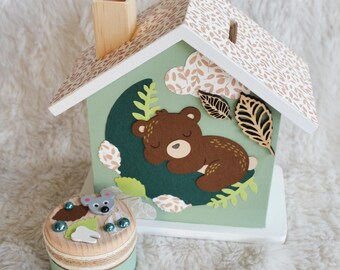 Hucha de madera con forma de oso y conejo en la luna para niños, regalo personalizado para bebés (hecha por encargo).
