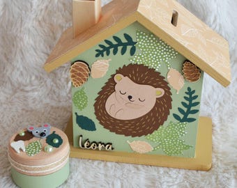 Wooden hedgehog piggy bank for children in autumn, personalized baby gift (made to order)