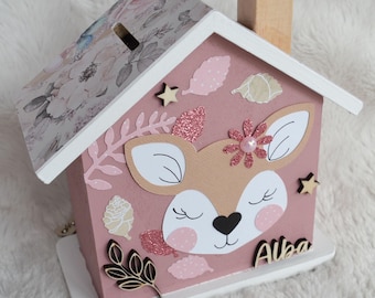 Wooden deer money box for children, personalized baby gift (made to order)