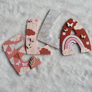 Nombre de madera, letras de madera, nombre del niño, habitación del niño, decoración del arco iris, luna, regalo de nacimiento (por encargo)