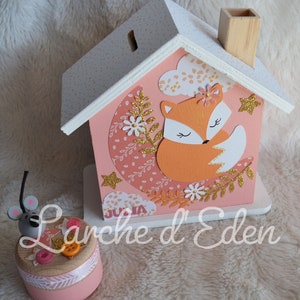 Tirelire bois, tirelire enfant, décoration enfant, cadeau naissance sur commande Renard rose