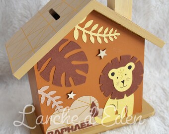 Tirelire bois, tirelire enfant, décoration savane, rhinocéros, girafe, lion, cadeau naissance (sur commande)