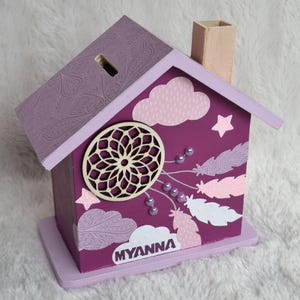 Wooden piggy bank, children's piggy bank, moon decoration, dream catcher, birth gift (on order)