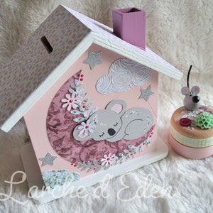 Tirelire bois, tirelire enfant, décoration enfant, cadeau naissance sur commande Koala rose