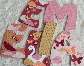 Wooden name sign, 15 cm, swan and butterfly theme, for children's room decoration (made to order)