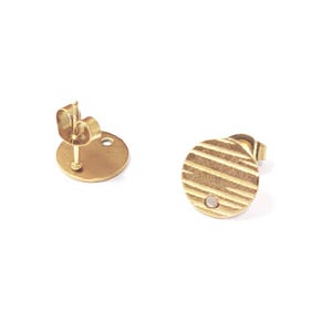 4 gold-plated stainless steel (IP) stud earring findings, 10mm diameter, textured round earring posts