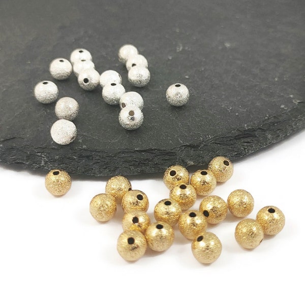 Perles rondes paillétées, granitées, stardust en laiton doré 14k / plaqué argent, diamètre 4mm / 6mm. Lot de 10 perles