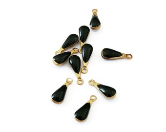 10 mini black enamel drops, 11 x 4 mm, double-sided enamel resin charm, front and back, jewelry making