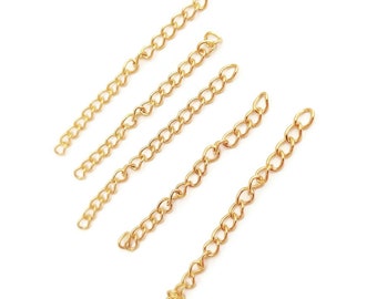 10 gold-plated stainless steel extension chains (IP), 5cm, craft supply, chain for bracelet/necklace clasp