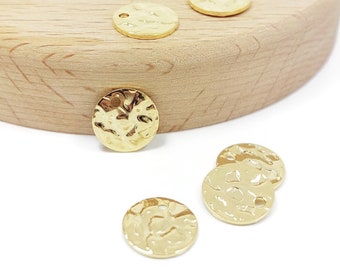 Round textured pendants in gold-plated stainless steel (ion plating), 10mm diameter, jewelry making, x10