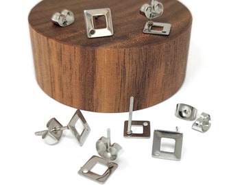 10 orecchini a bottone in acciaio inossidabile, 9,5 mm, a forma di diamante quadrato scavato, (5 paia)
