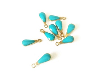 x10 mini gouttes émaillées bleu turquoise, 11 x 4 mm, breloque email biface, recto-verso