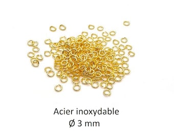 100 anneaux de jonction ouverts en acier inoxydable doré, diamètre 3mm