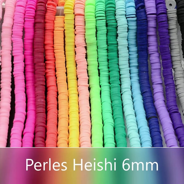 Perles rondelles Heishi Ø 6mm, 380 à 400 perles intercalaires plates couleurs. Fil de 40cm environ