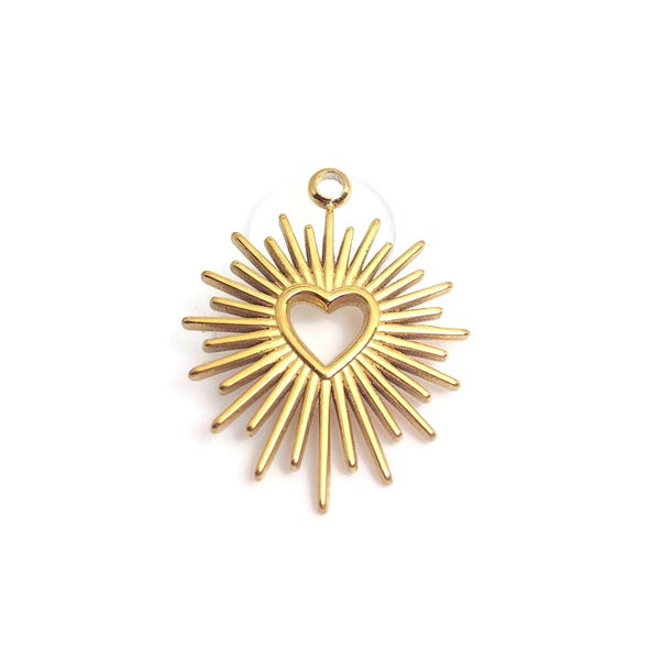 18k Gold Plated Stainless Steel Heart Pendant (IP), Sacred Heart, 22mm