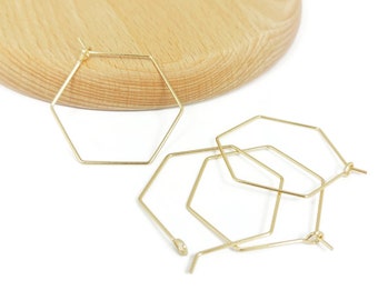 Hexagonal hoop earrings in gold-plated stainless steel, 32x25mm, earring supports rings to decorate, Lot of 2 or 10 pieces