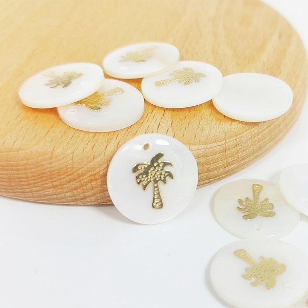 Pendentifs ronds en nacre palmier doré, 16mm, nacre naturelle, coquillage blanc, lot de 2 ou 10 pièces