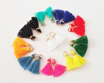Mini cotton pom-poms with gold fastening, 10-12mm (blue, teal, white, yellow, pink, red, black, orange, green, turquoise)